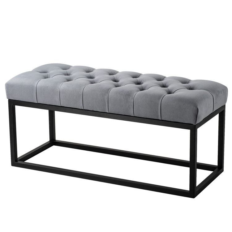 Banco acolchado en color gris sobre patas de metal