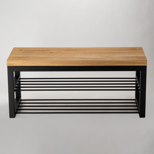 Un banco con tapa de madera y base de acero de estilo loft