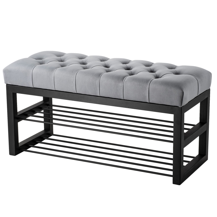 Banco industrial acolchado con estantes de metal