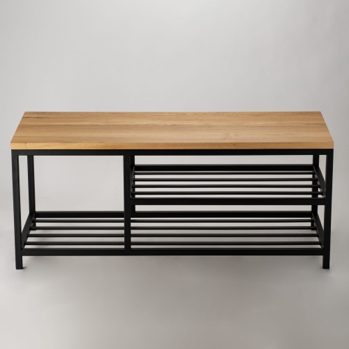 Un banco con tapa de madera y base de acero de estilo loft