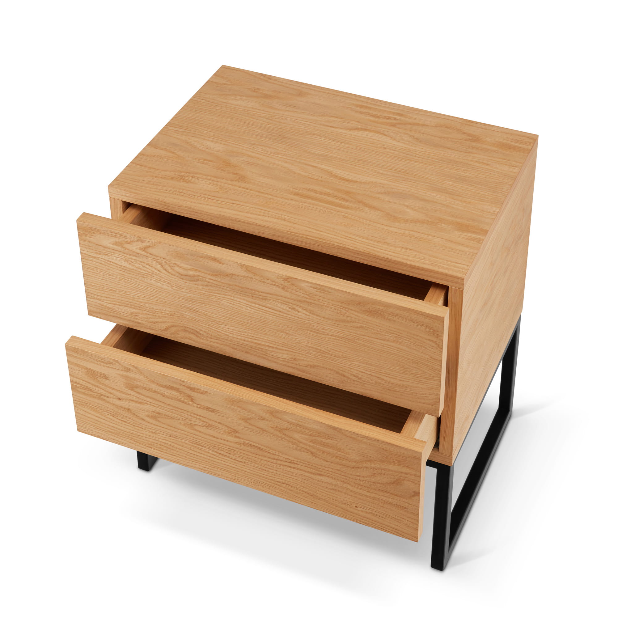 Mesilla de noche de roble sobre una base de acero, ideal para un dormitorio moderno tipo loft