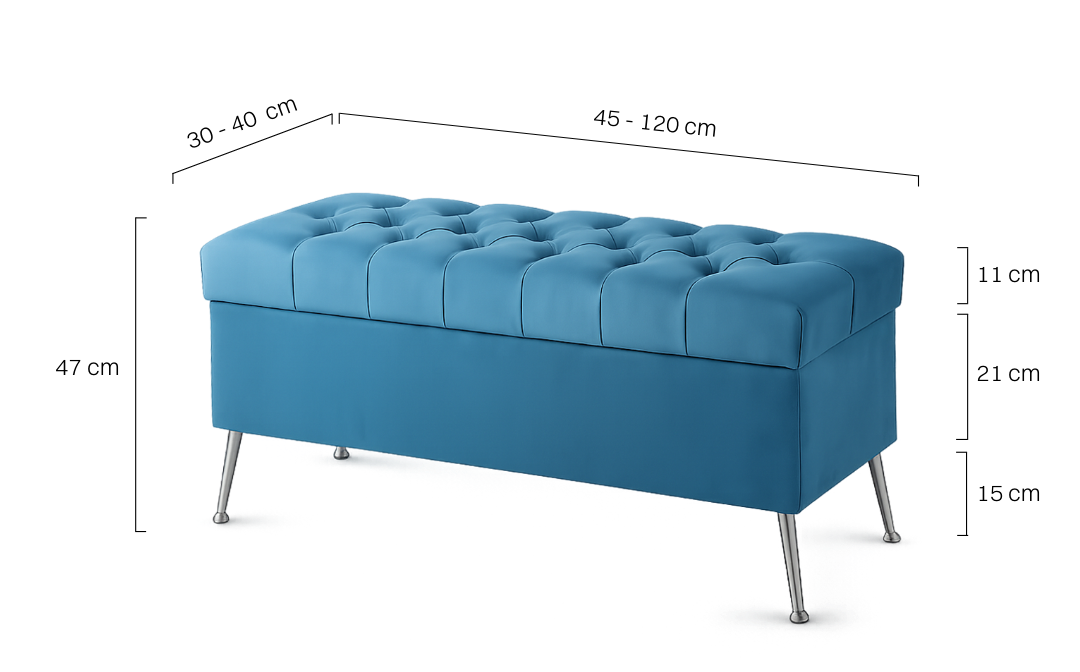 Moderner blauer Pouf mit Steppung und Stauraum, auf Metallbeinen stehend