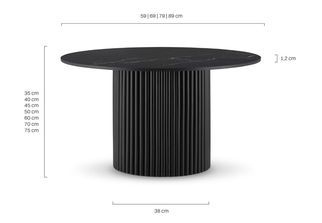 Czarny okrągły stolik z kamiennym blatem i ryflowaną podstawą