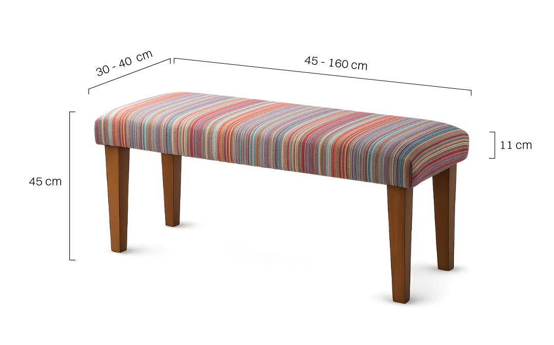 Tapicerowana ławka w paski na drewnianych nogach