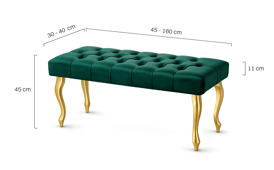 Elegancka pikowana ławka ze złotymi nogami w kolorze butelkowej zieleni