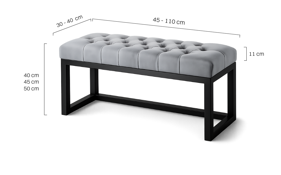 Gesteppte Bank in grauer Farbe auf Metallbeinen