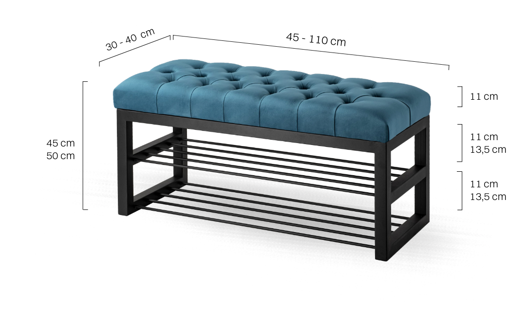 Blaue gepolsterte Bank im Industriestil mit Metallregalen