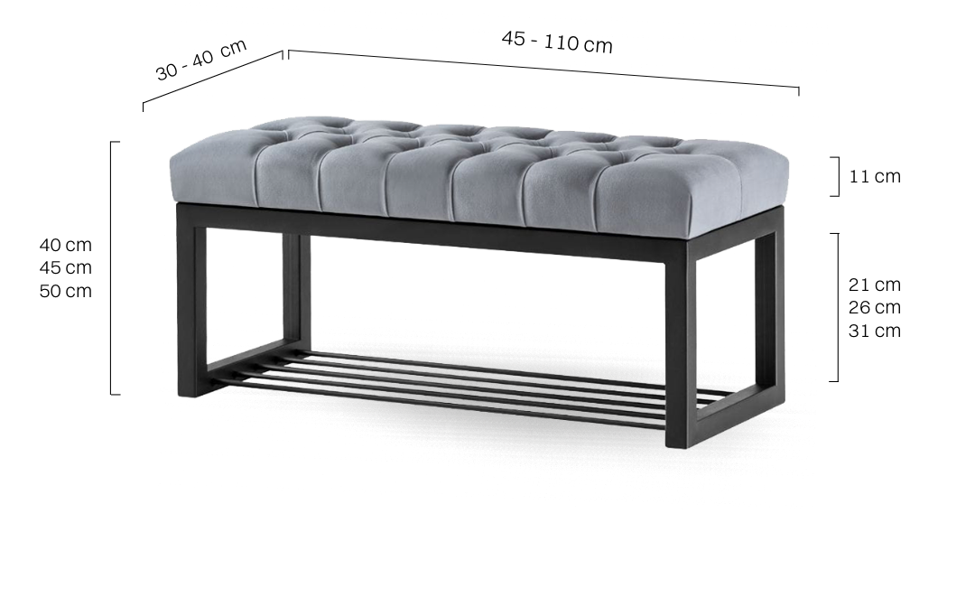 Gesteppte Bank in Grau mit Schuhregal aus Metall