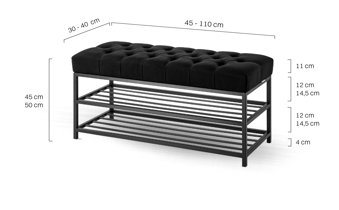 Gesteppte Industriebank in Schwarz mit Metallablagen