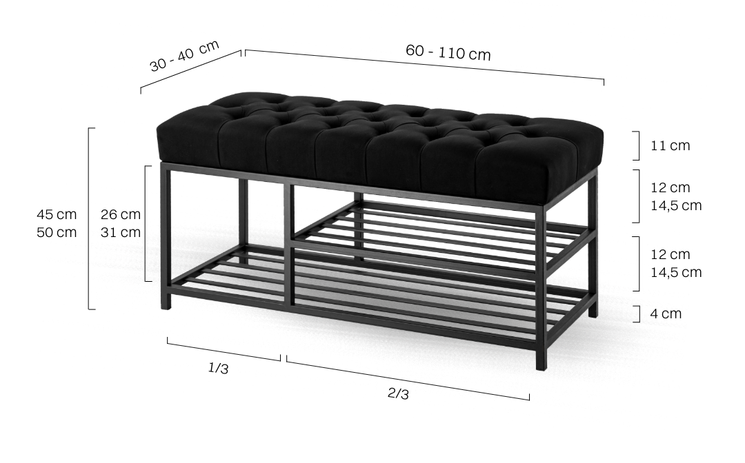 Gesteppte Industriebank in Schwarz mit Metallablagen