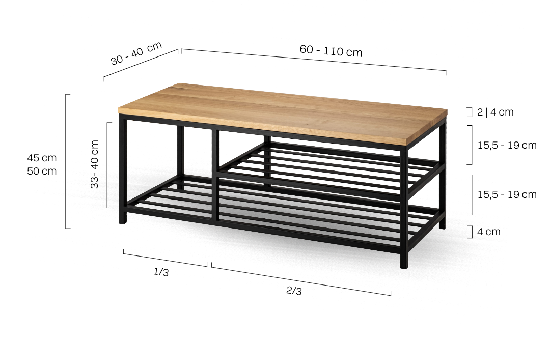 Holzbank mit zwei Stahlregalen für den Flur im Industriestil