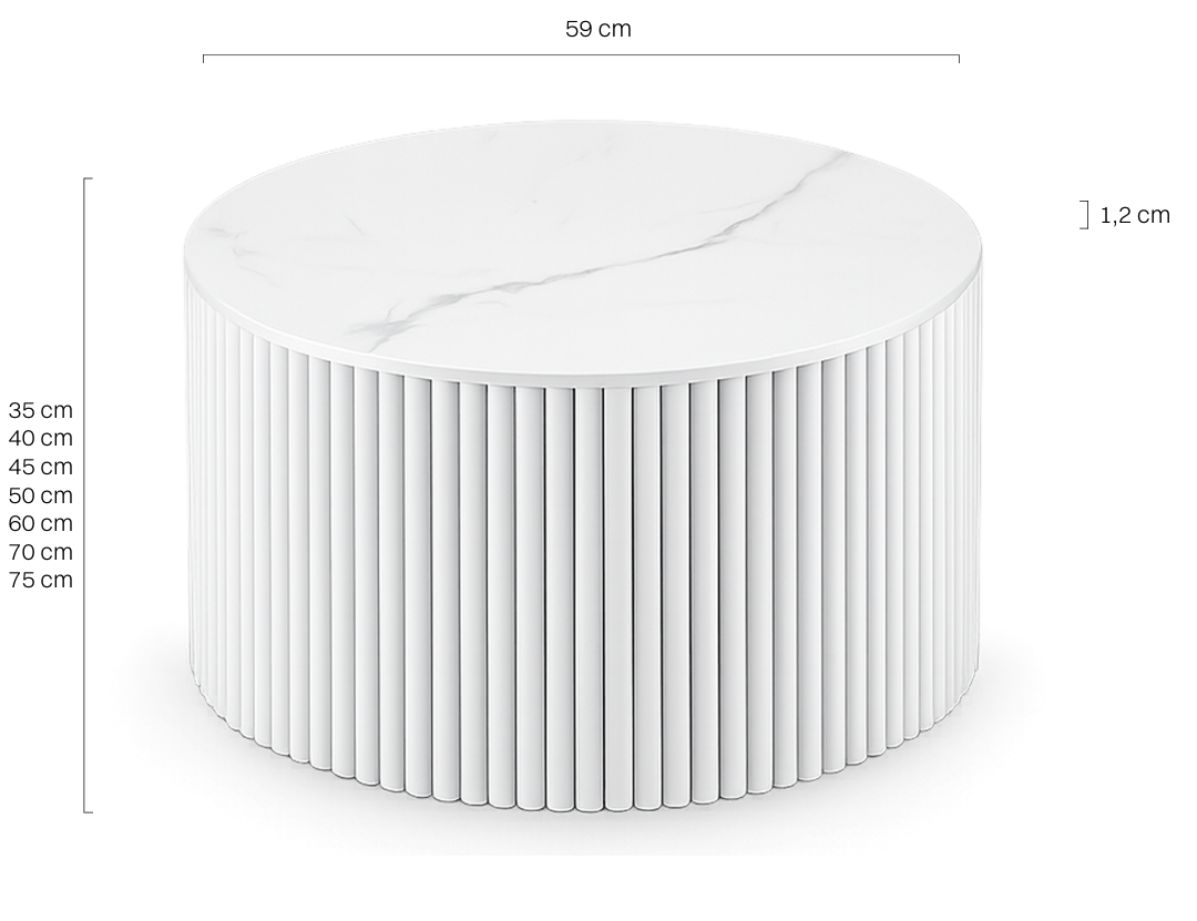 una mesita moderna de color blanco con una base estriada y un tablero de piedra