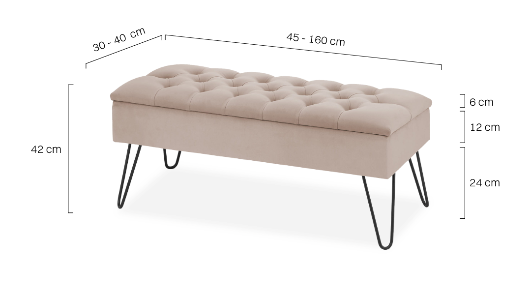 Puf acolchado con leche, espacio de almacenaje y patas de pino, un mueble elegante y moderno